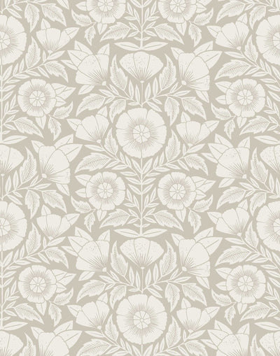 Conservatory wallpaper featuring stylized petals and leaves dervived from a block-print technique was designed by Katharine Watson for Hygge & West. Featuring white flowers on a pewter gray wallpaper background.