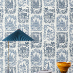 Je T'aime Paris (Porcelain) wallpaper featuring blue illustrations of Paris landmarks on a white background | Nathalie Lete + Hygge & West