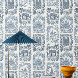 Je T'aime Paris (Porcelain) wallpaper featuring blue illustrations of Paris landmarks on a white background | Nathalie Lete + Hygge & West