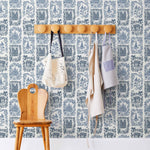 Je T'aime Paris (Porcelain) wallpaper featuring blue illustrations of Paris landmarks on a white background | Nathalie Lete + Hygge & West