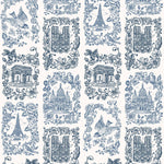 Je T'aime Paris (Porcelain) wallpaper featuring blue illustrations of Paris landmarks on a white background | Nathalie Lete + Hygge & West