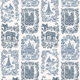 Je T'aime Paris (Porcelain) wallpaper featuring blue illustrations of Paris landmarks on a white background | Nathalie Lete + Hygge & West