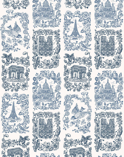 Je T'aime Paris (Porcelain) wallpaper featuring blue illustrations of Paris landmarks on a white background | Nathalie Lete + Hygge & West