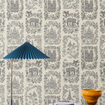 Je T'aime Paris (Parchment) wallpaper featuring gray illustrations of Paris landmarks on a cream background | Nathalie Lete + Hygge & West