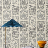Je T'aime Paris (Parchment) wallpaper featuring gray illustrations of Paris landmarks on a cream background | Nathalie Lete + Hygge & West