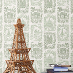 Je T'aime Paris (Sage) wallpaper featuring green illustrations of Paris landmarks on a white background | Nathalie Lete + Hygge & West