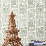 Je T'aime Paris (Sage) wallpaper featuring green illustrations of Paris landmarks on a white background | Nathalie Lete + Hygge & West