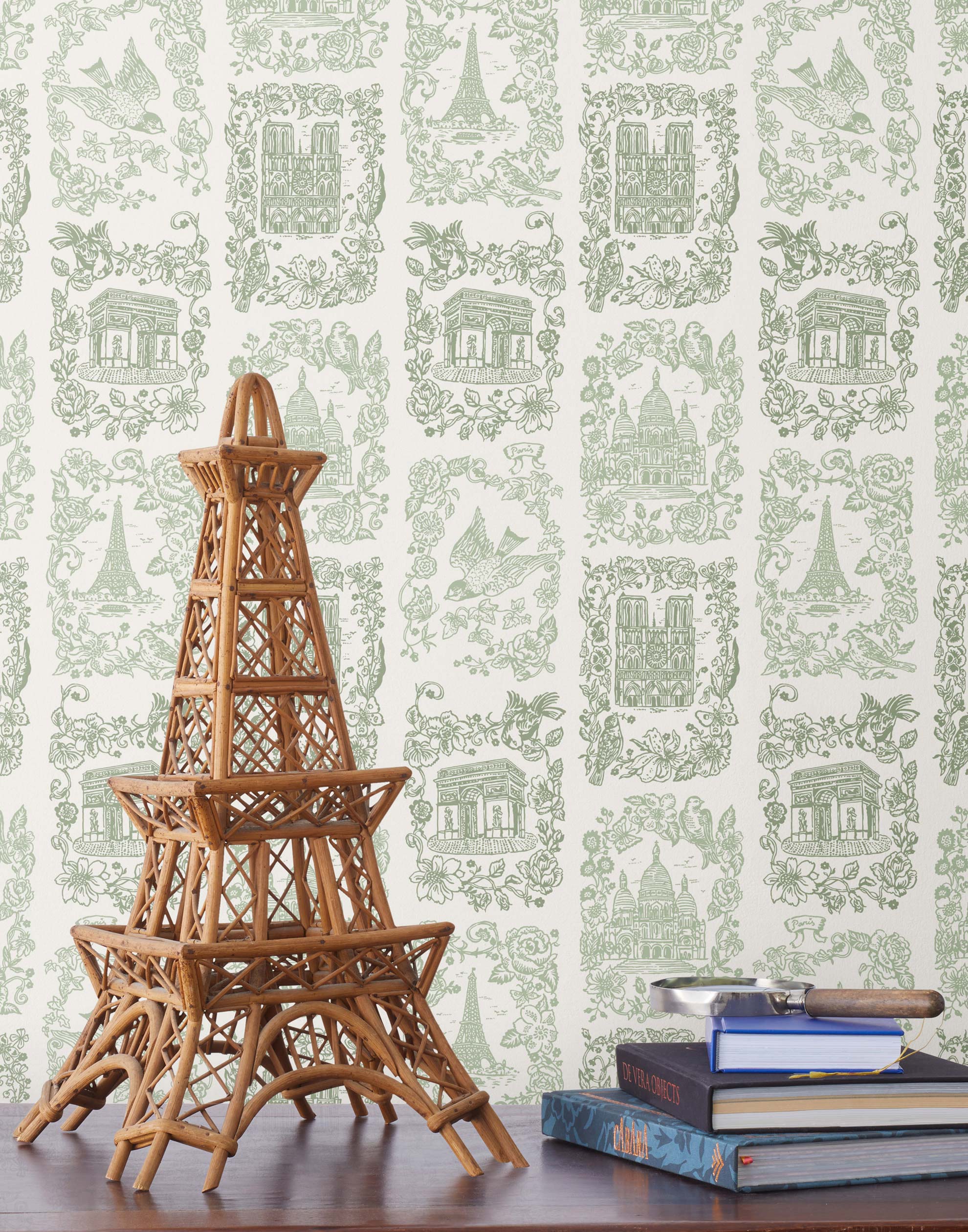 Je T'aime Paris (Sage) wallpaper featuring green illustrations of Paris landmarks on a white background | Nathalie Lete + Hygge & West