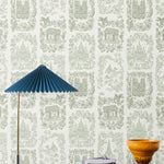 Je T'aime Paris (Sage) wallpaper featuring green illustrations of Paris landmarks on a white background | Nathalie Lete + Hygge & West