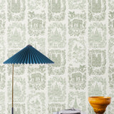 Je T'aime Paris (Sage) wallpaper featuring green illustrations of Paris landmarks on a white background | Nathalie Lete + Hygge & West