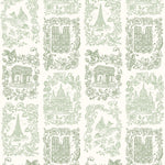 Je T'aime Paris (Sage) wallpaper featuring green illustrations of Paris landmarks on a white background | Nathalie Lete + Hygge & West