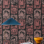 Je T'aime Paris (Ebony) wallpaper featuring pink illustrations of Paris landmarks on a black background | Nathalie Lete + Hygge & West