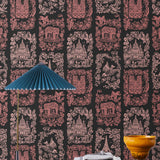 Je T'aime Paris (Ebony) wallpaper featuring pink illustrations of Paris landmarks on a black background | Nathalie Lete + Hygge & West