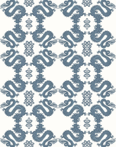 Fortune (Chinoiserie) Wallpaper featuring navy and blue line work on an off white background