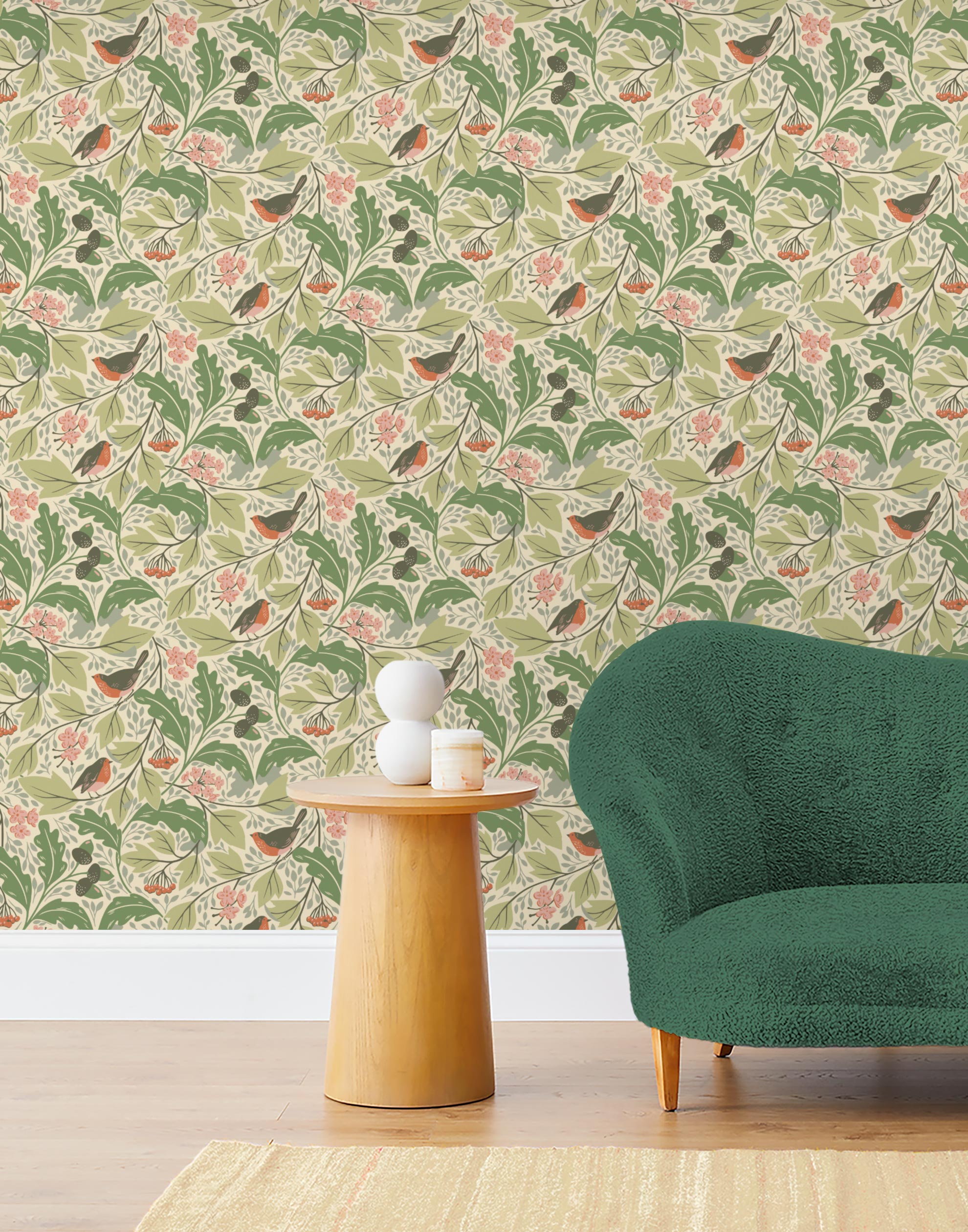 Robin (Parchment) features red-breasted robins hopping among leaves in shades of green on a cream backround.