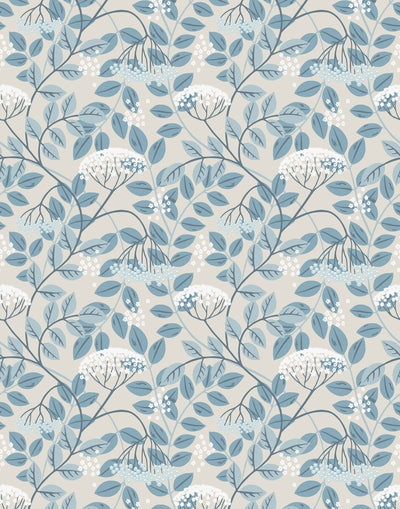 Featuring vibrant blossoms set against lush foliage, the elderberry plant is the inspiration for this wallpaper. Elder (Mist) is printed with light blue and white flowers and blue leaves on a cream background.