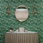 Featuring vibrant blossoms set against lush foliage, the elderberry plant is the inspiration for this wallpaper. Elder (Juniper) is printed with light blue and white flowers and green leaves on a green background.