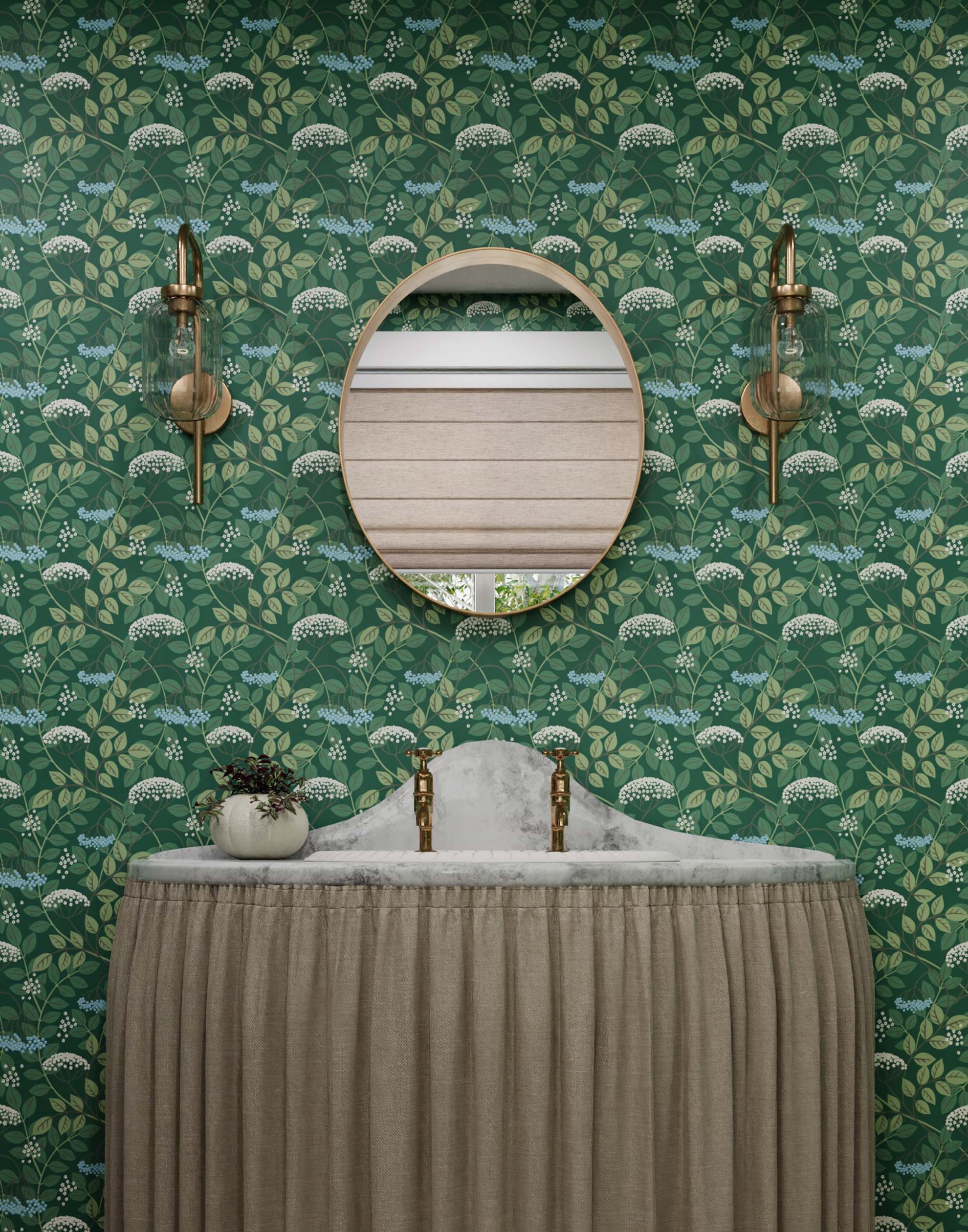 Featuring vibrant blossoms set against lush foliage, the elderberry plant is the inspiration for this wallpaper. Elder (Juniper) is printed with light blue and white flowers and green leaves on a green background.