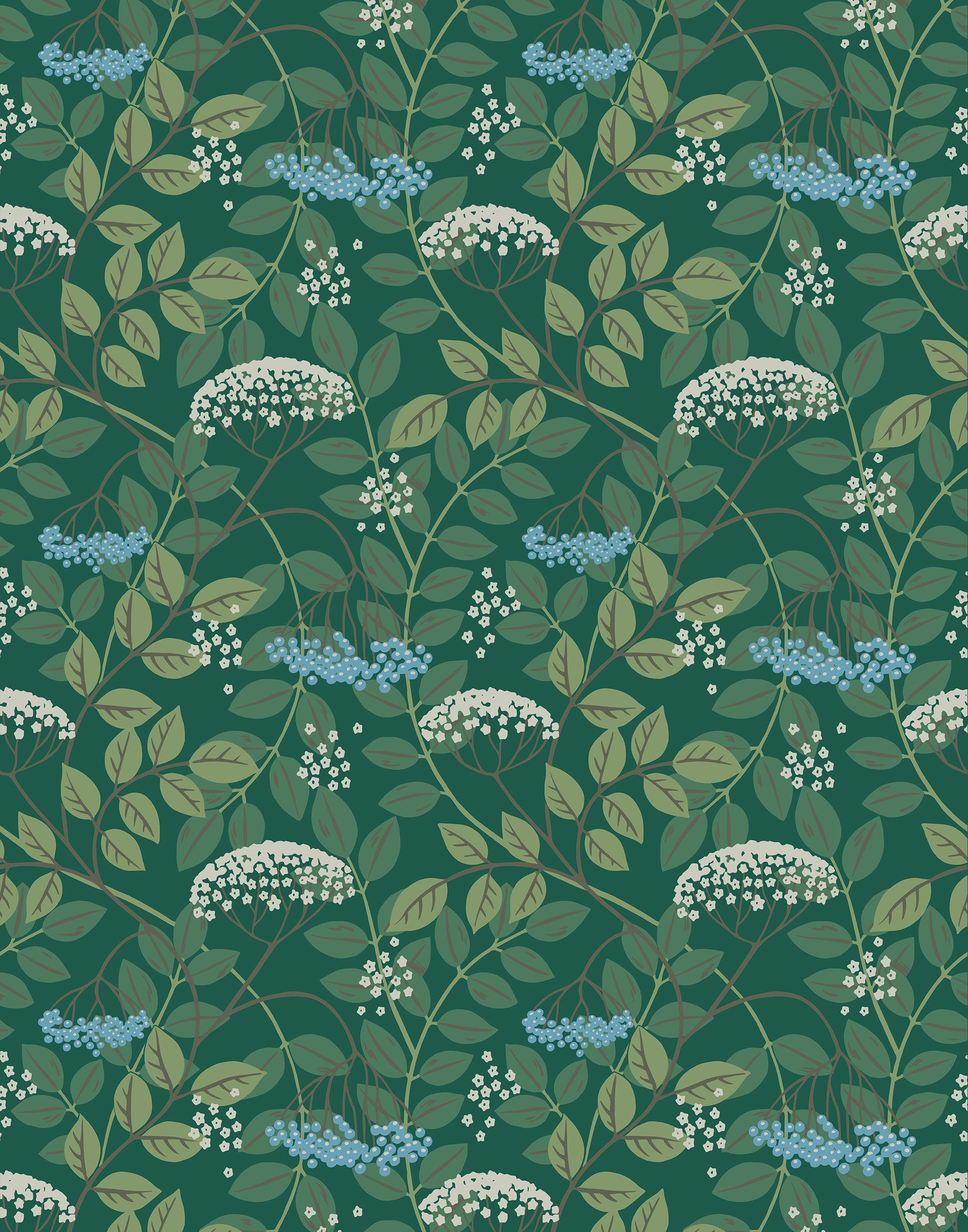 Featuring vibrant blossoms set against lush foliage, the elderberry plant is the inspiration for this wallpaper. Elder (Juniper) is printed with light blue and white flowers and green leaves on a green background.