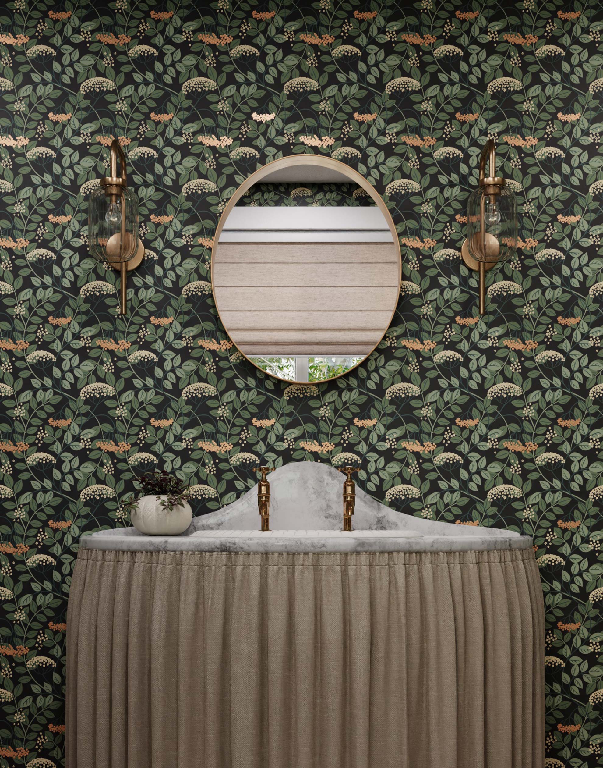 Featuring vibrant blossoms set against lush foliage, the elderberry plant is the inspiration for this wallpaper. Elder (Ebony) is printed with rust and cream flowers and green leaves on a black background.