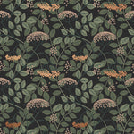 Featuring vibrant blossoms set against lush foliage, the elderberry plant is the inspiration for this wallpaper. Elder (Ebony) is printed with rust and cream flowers and green leaves on a black background.