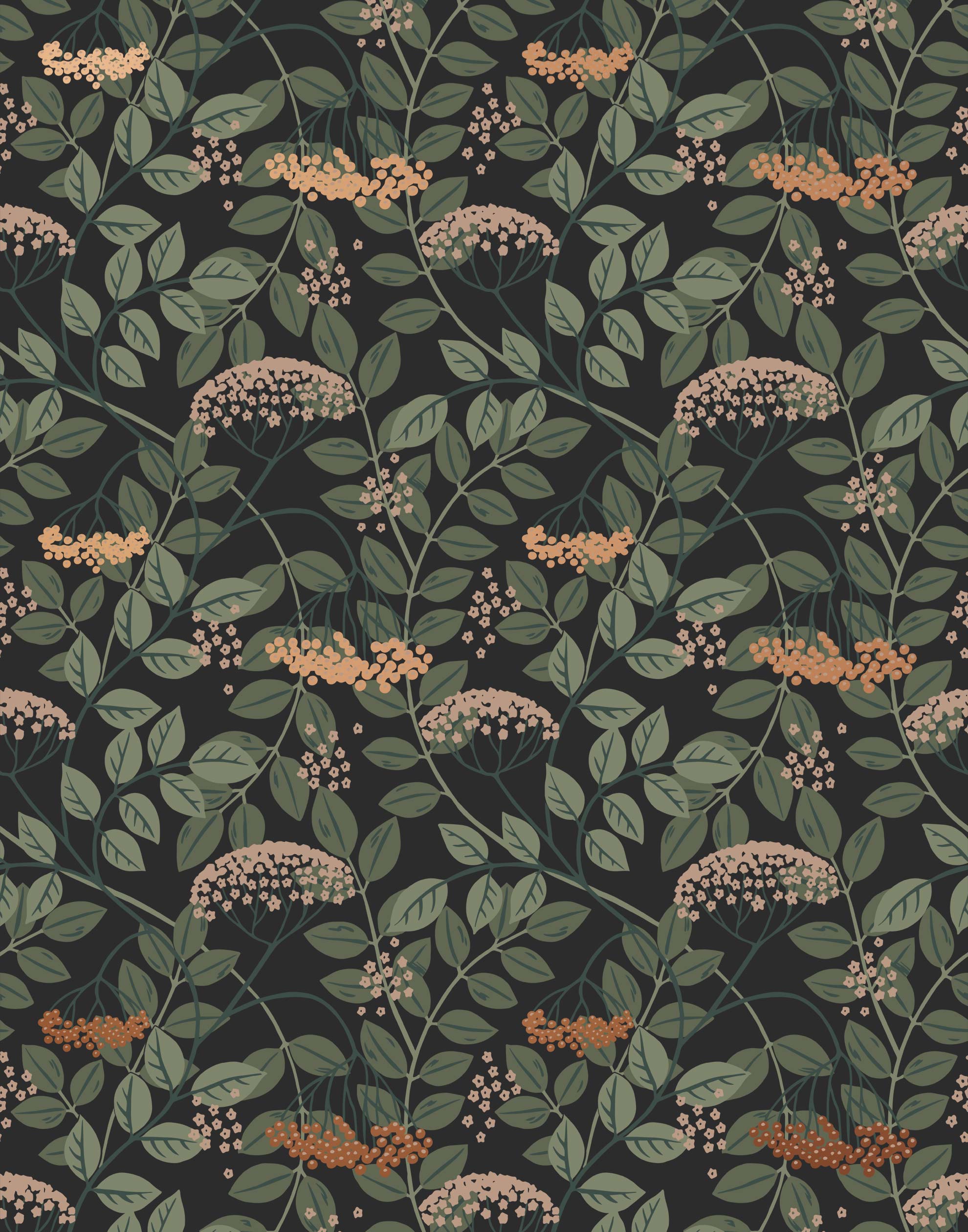Featuring vibrant blossoms set against lush foliage, the elderberry plant is the inspiration for this wallpaper. Elder (Ebony) is printed with rust and cream flowers and green leaves on a black background.