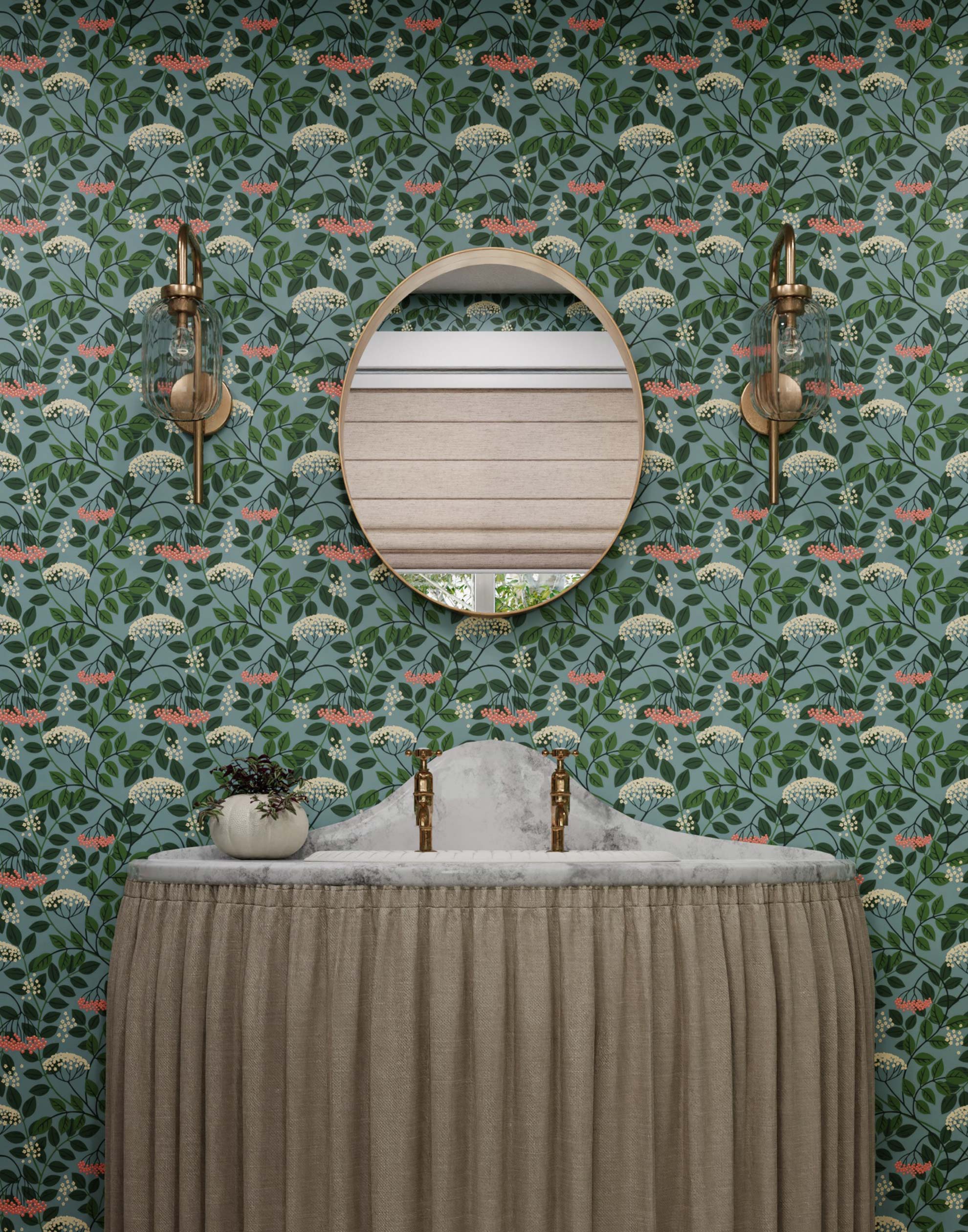 Featuring vibrant blossoms set against lush foliage, the elderberry plant is the inspiration for this wallpaper. Elder (Sky) is printed with pink and white flowers and green leaves on a blue background.