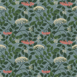 Featuring vibrant blossoms set against lush foliage, the elderberry plant is the inspiration for this wallpaper. Elder (Sky) is printed with pink and white flowers and green leaves on a blue background.