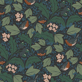 Robin (Ebony) features red-breasted robins hopping among leaves in shades of green and blue on a black backround.