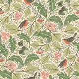 Robin (Parchment) features red-breasted robins hopping among leaves in shades of green on a cream backround.