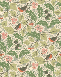 Robin (Parchment) features red-breasted robins hopping among leaves in shades of green on a cream backround.