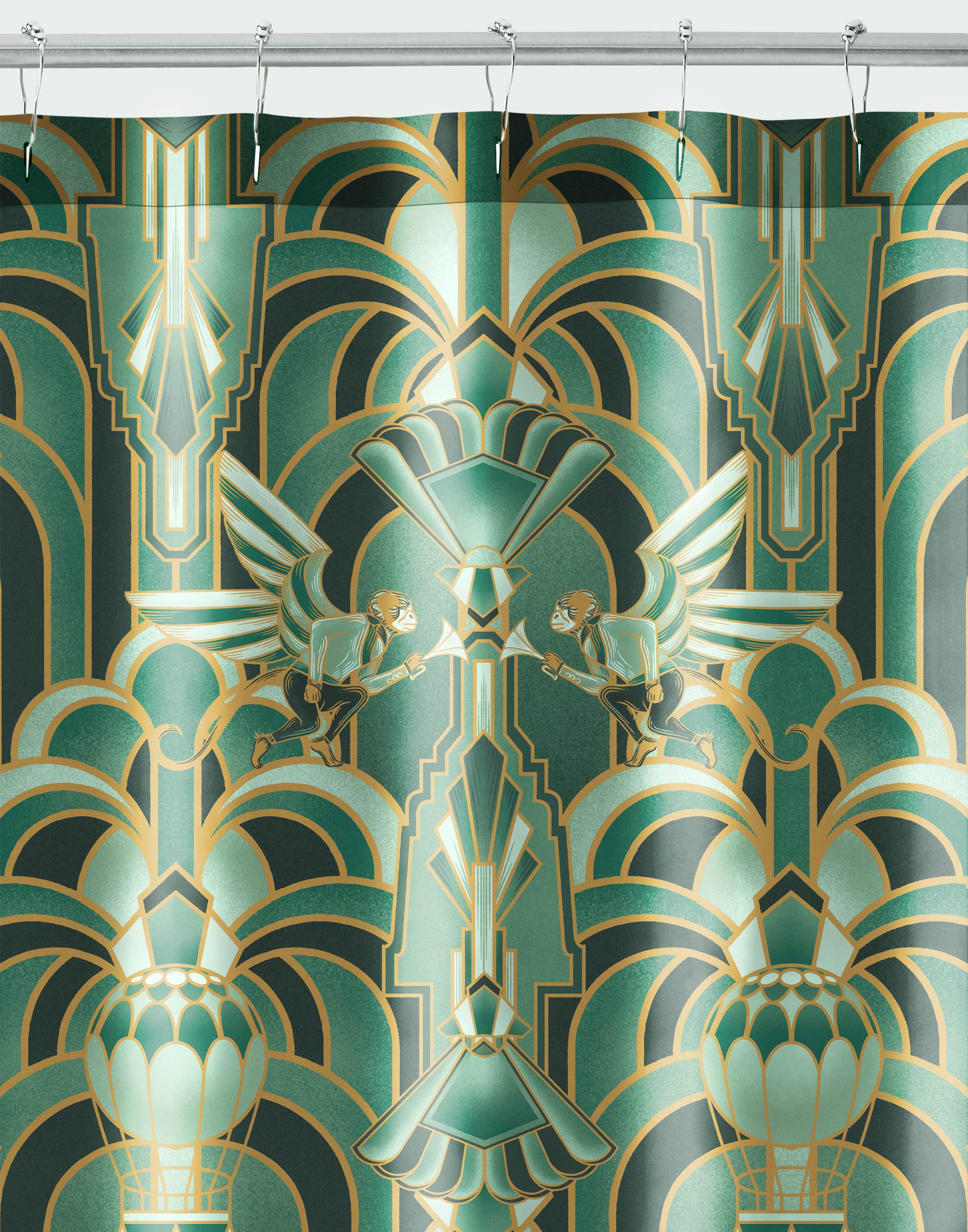 Drawing inspiration from the iconic Emerald City in Wicked, this shower curtain features a mesmerizing blend of deep greens and golds, evoking a sense of magical grandeur. The intricate geometric design mixed with hot air balloons and flying monkeys brings the enchantment of the city into your home. 
