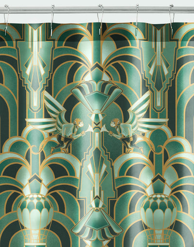 Drawing inspiration from the iconic Emerald City in Wicked, this shower curtain features a mesmerizing blend of deep greens and golds, evoking a sense of magical grandeur. The intricate geometric design mixed with hot air balloons and flying monkeys brings the enchantment of the city into your home. 