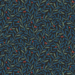Olive Grove (Ebony) featuring a leafy vine motif in shades of green and blue with deep red accents on a black background | Schoolhouse x Hygge & West Wallpaper Collection