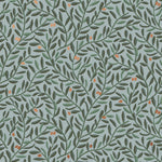 Olive Grove (Mist) featuring a leafy vine motif in shades of green with copper accents on dusty blue background | Schoolhouse x Hygge & West Wallpaper Collection