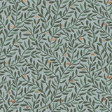 Olive Grove (Mist) featuring a leafy vine motif in shades of green with copper accents on dusty blue background | Schoolhouse x Hygge & West Wallpaper Collection