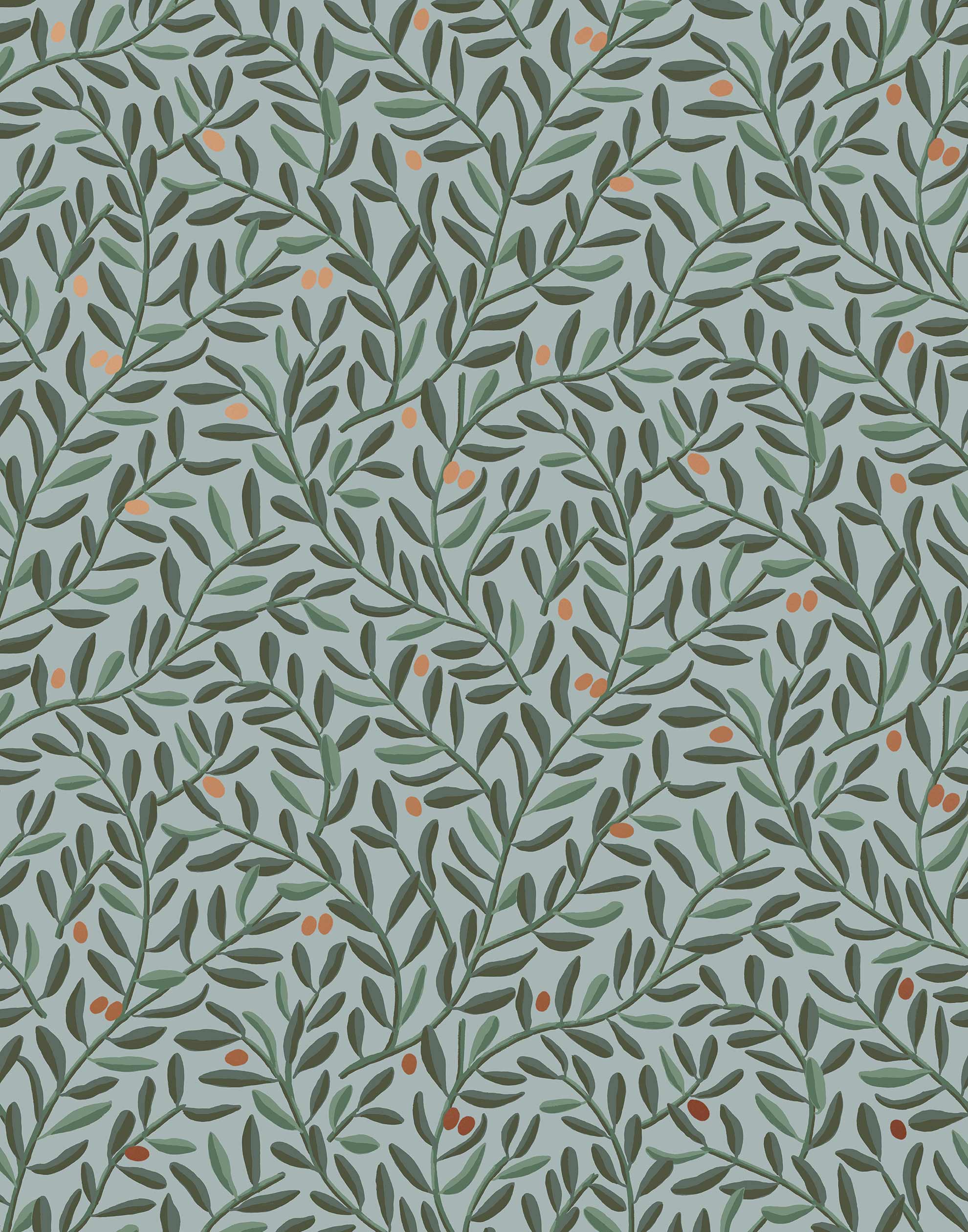 Olive Grove (Mist) featuring a leafy vine motif in shades of green with copper accents on dusty blue background | Schoolhouse x Hygge & West Wallpaper Collection