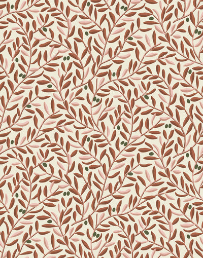 Olive Grove (Bellini) featuring a leafy vine motif in shades of rust and pink with green accents on an off white background | Schoolhouse x Hygge & West Wallpaper Collection