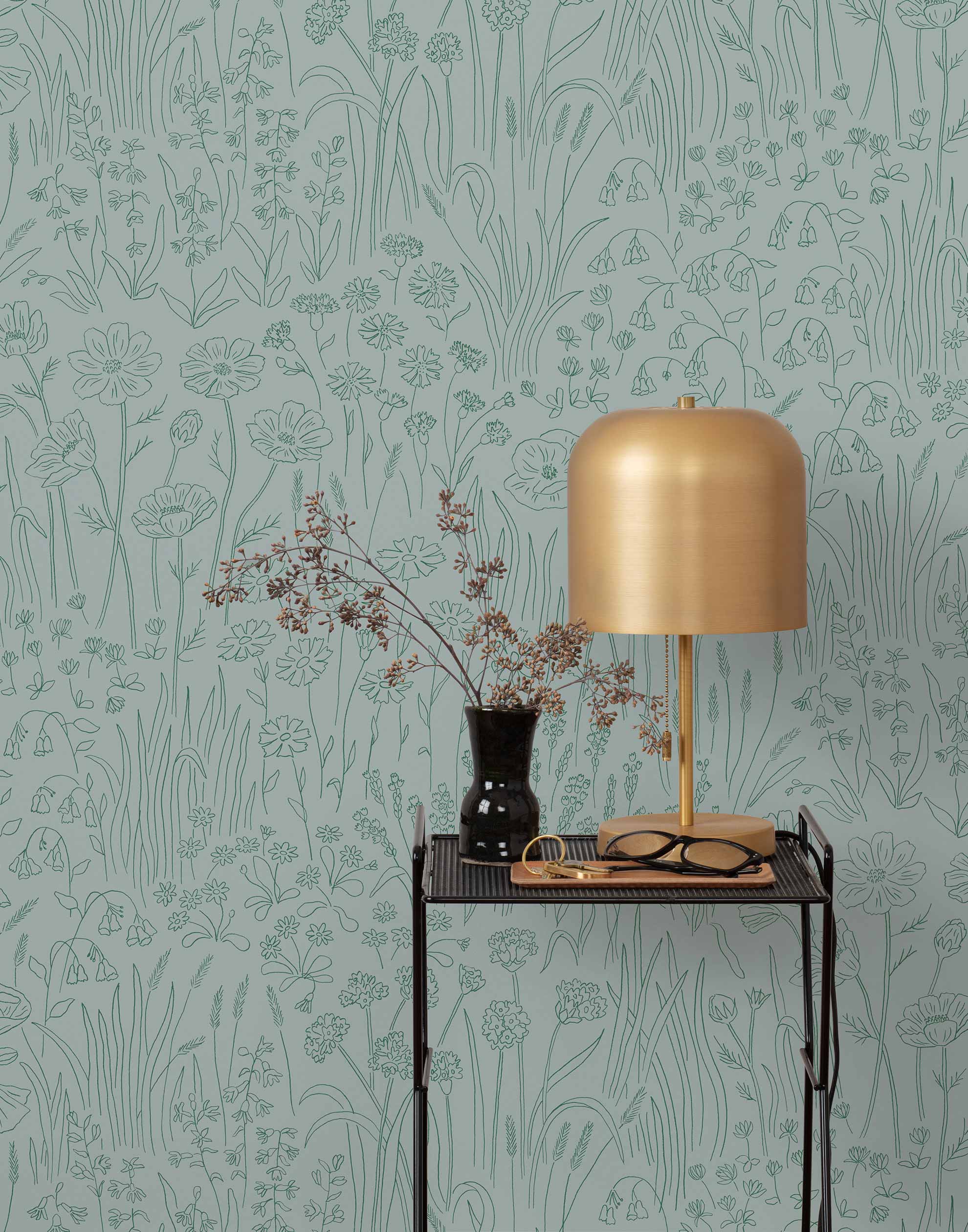 Alpine Garden Tonal (Mist) featuring hand drawn flowers in green on a dusty blue background | Schoolhouse x Hygge & West Wallpaper Collection