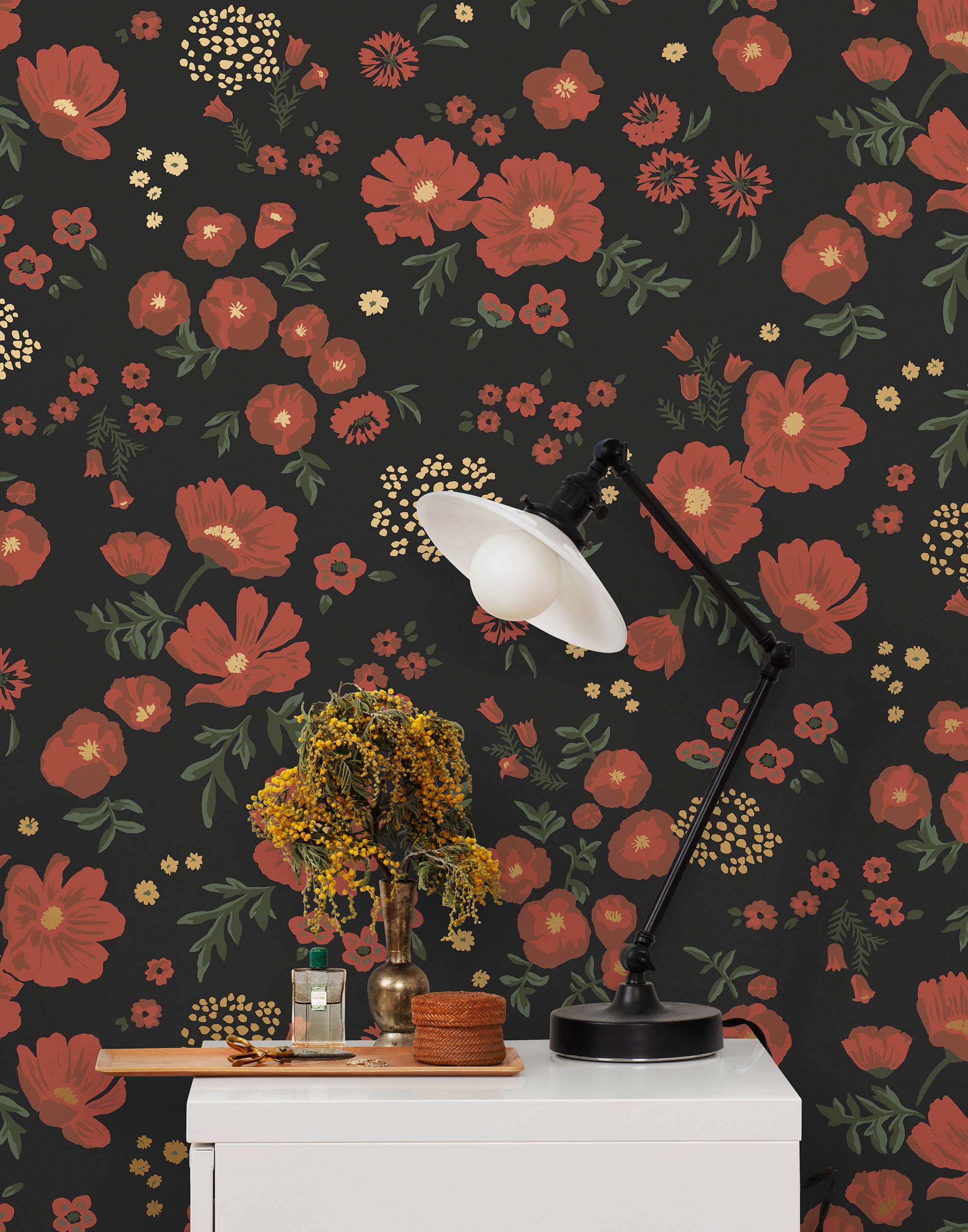Cascade Meadow (Ebony) featuring hand drawn flowers in red and gold on a black background | Schoolhouse x Hygge & West