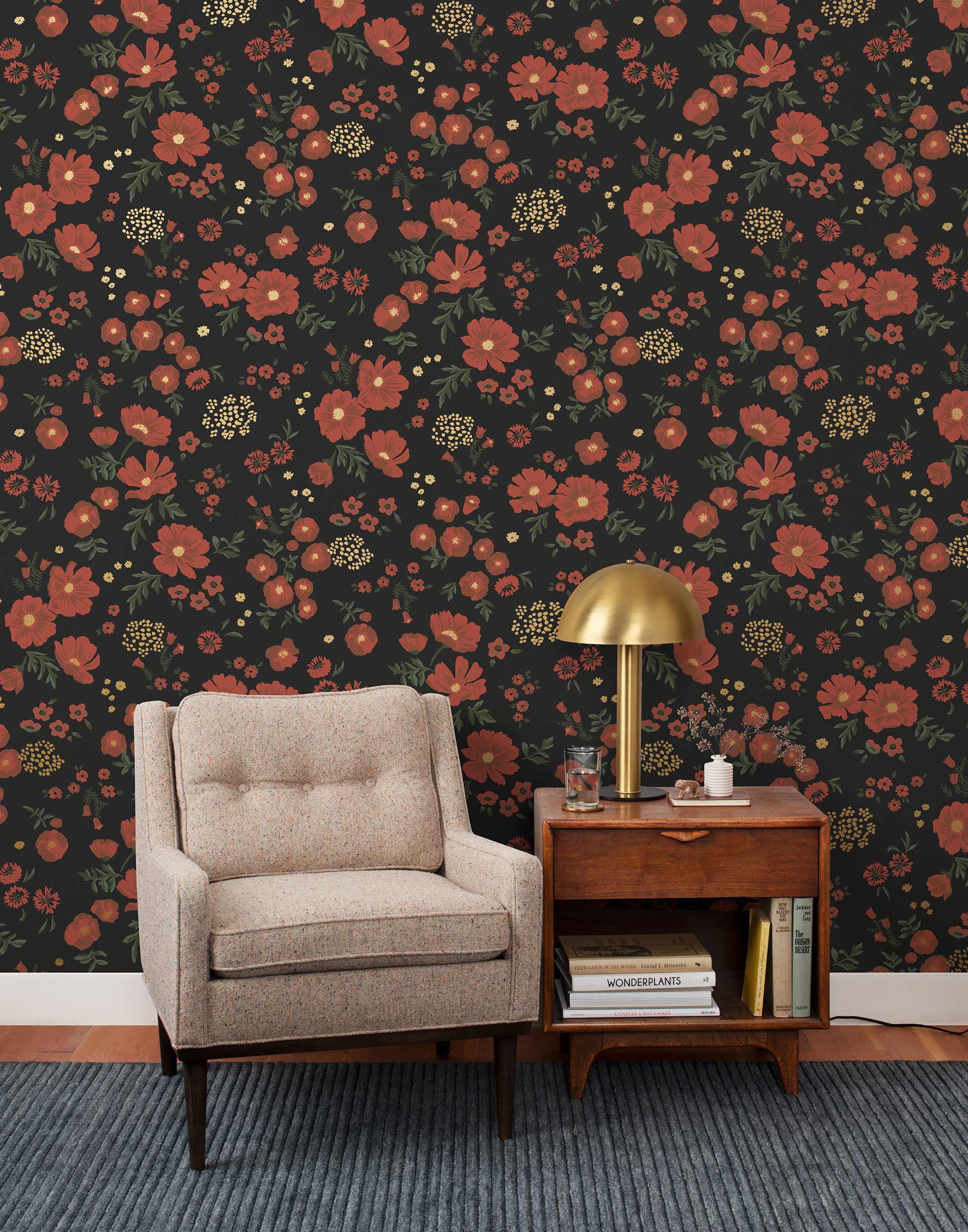 Cascade Meadow (Ebony) featuring hand drawn flowers in red and gold on a black background | Schoolhouse x Hygge & West