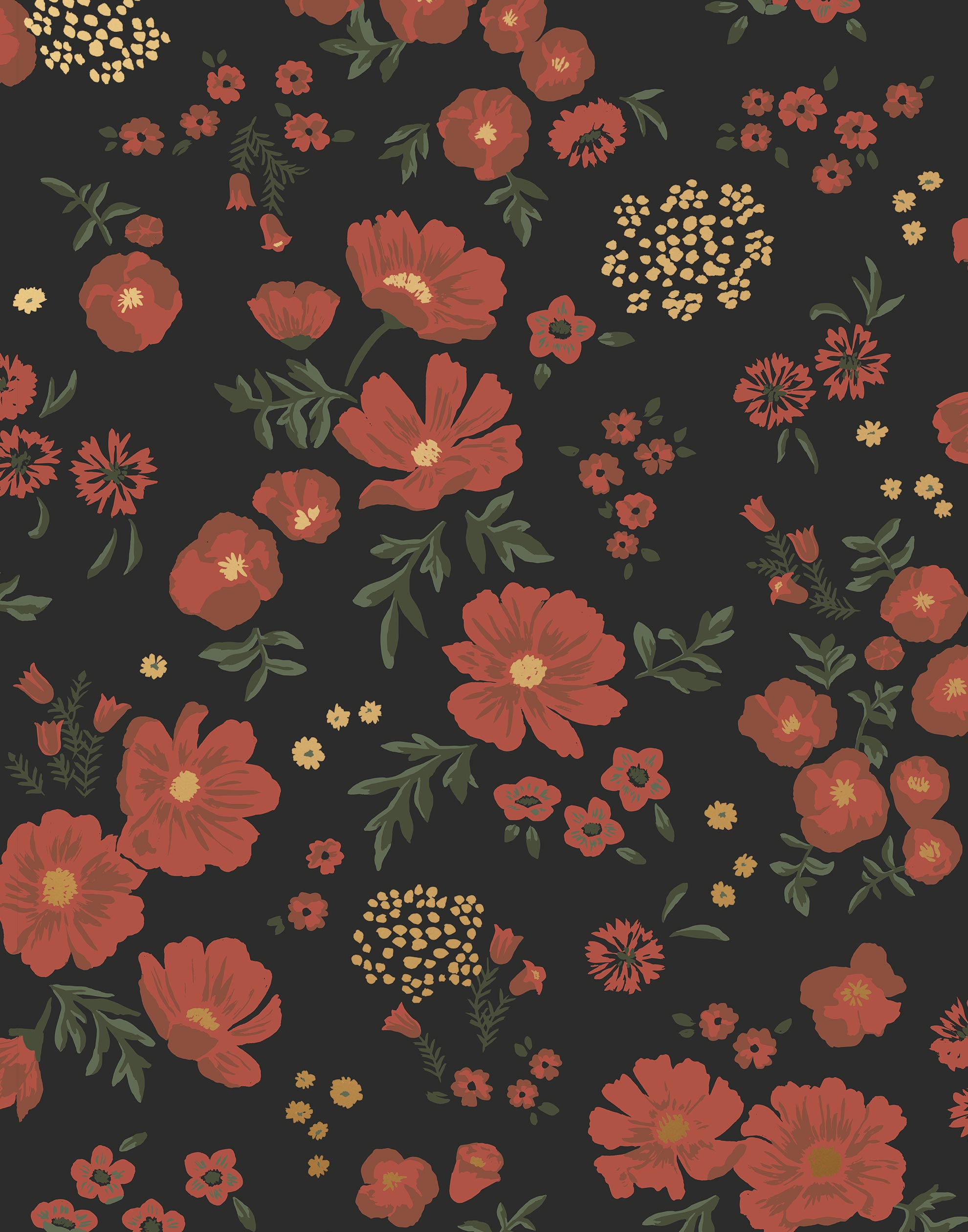 Cascade Meadow (Ebony) featuring hand drawn flowers in red and gold on a black background | Schoolhouse x Hygge & West