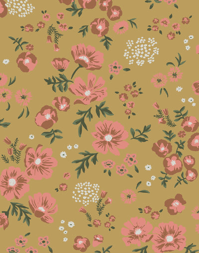 Cascade Meadow (Ochre) featuring hand drawn flowers in pink and white on an ochre background | Schoolhouse x Hygge & West