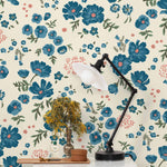 Cascade Meadow (Teal) featuring hand drawn flowers in blue and pink on an off white background | Schoolhouse x Hygge & West