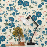 Cascade Meadow (Teal) featuring hand drawn flowers in blue and pink on an off white background | Schoolhouse x Hygge & West