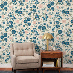 Cascade Meadow (Teal) featuring hand drawn flowers in blue and pink on an off white background | Schoolhouse x Hygge & West