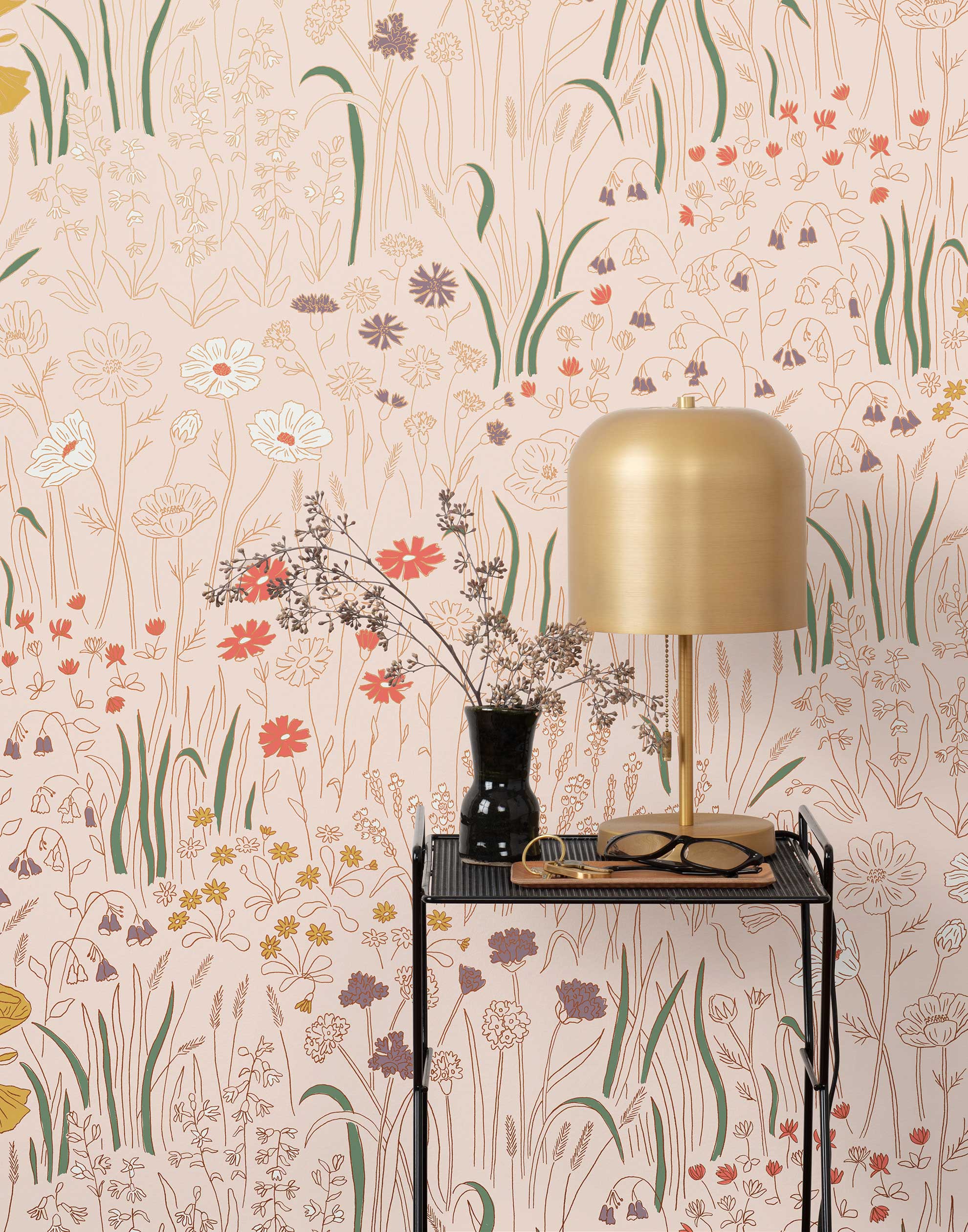 Alpine Garden Multi (Blush) featuring hand drawn flowers in coral, mauve, and mustard yellow with metallic gold accents on a pink background | Schoolhouse x Hygge & West Wallpaper Collection