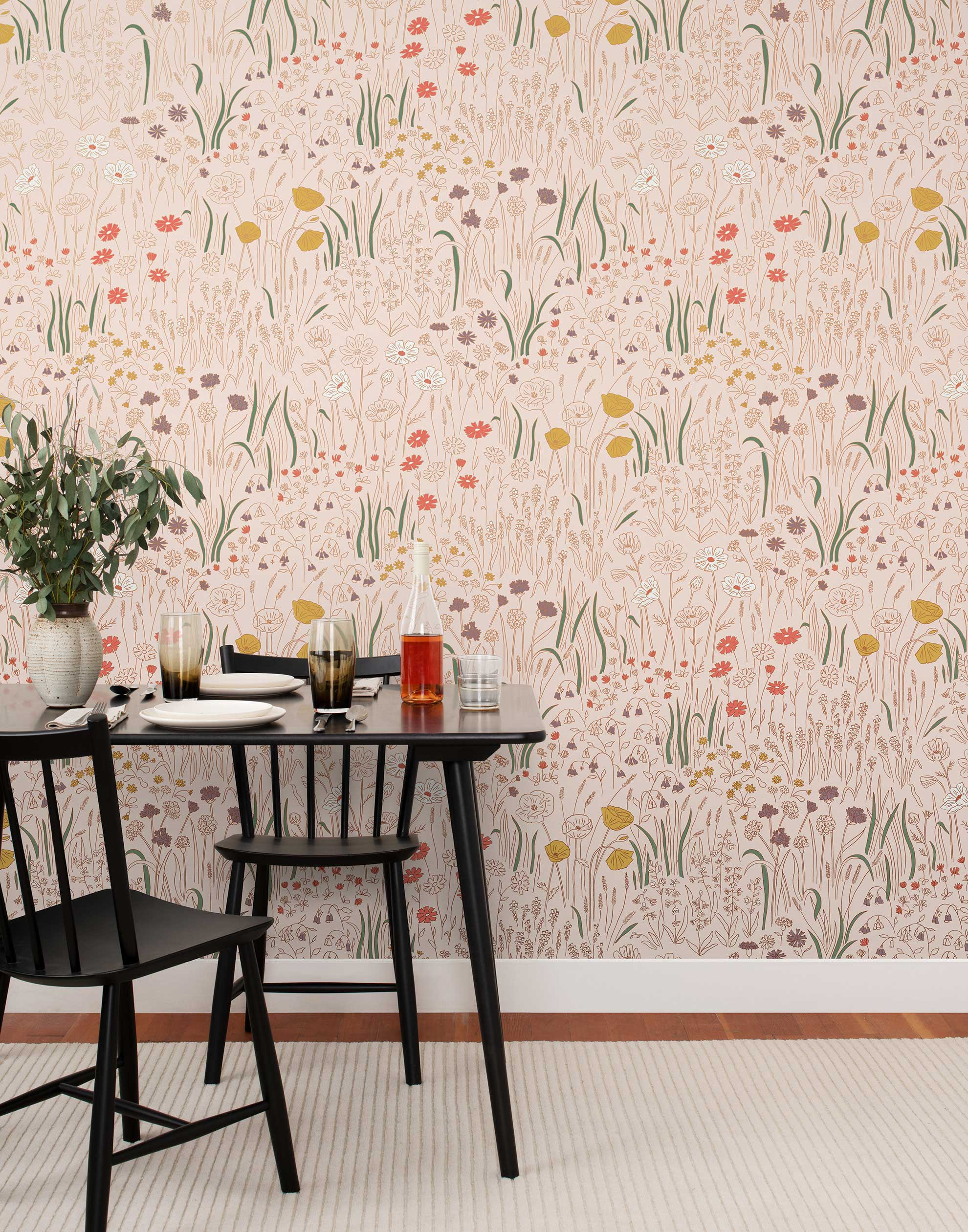 Alpine Garden Multi (Blush) featuring hand drawn flowers in coral, mauve, and mustard yellow with metallic gold accents on a pink background | Schoolhouse x Hygge & West Wallpaper Collection