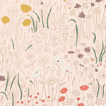 Alpine Garden Multi (Blush) featuring hand drawn flowers in coral, mauve, and mustard yellow with metallic gold accents on a pink background | Schoolhouse x Hygge & West Wallpaper Collection