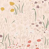 Alpine Garden Multi (Blush) featuring hand drawn flowers in coral, mauve, and mustard yellow with metallic gold accents on a pink background | Schoolhouse x Hygge & West Wallpaper Collection